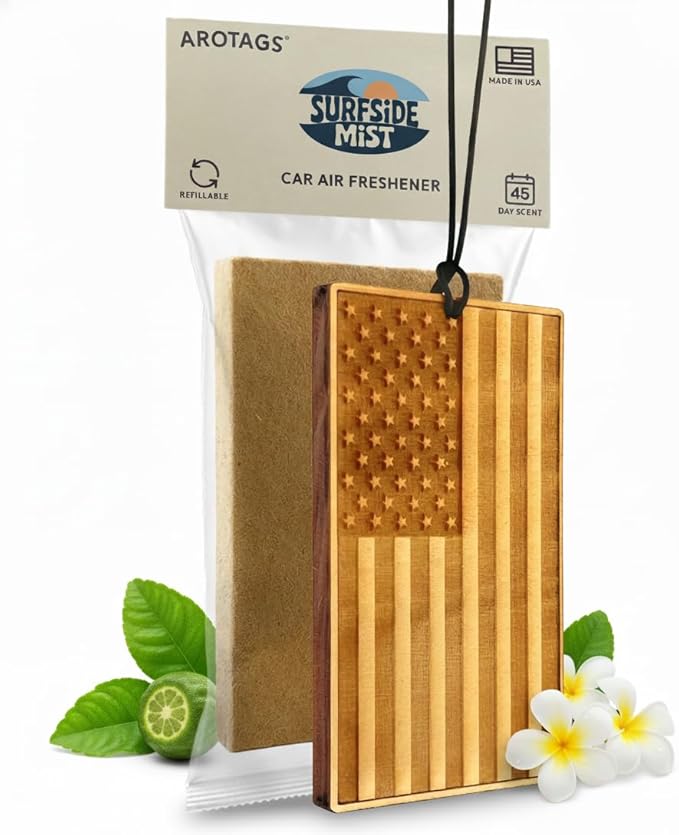 Arotags Wooden Car Air Freshener - Surfside Mist - 45+ Day Long Lasting with Under Seat Scent Core - Handmade in USA - Natural Wood Diffuser for Cars Trucks SUVs