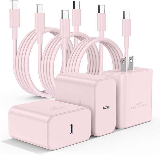 3Pack USB C Charger for Samsung Galaxy S24 Ultra, Super Quite Fast Charging Type C Block with 6FT C to C Cord for Samsung Galaxy Tab S9 S8 S23 Ultra S22 Ultra S23 S22 S21 Note 10 Plus 20,Pink