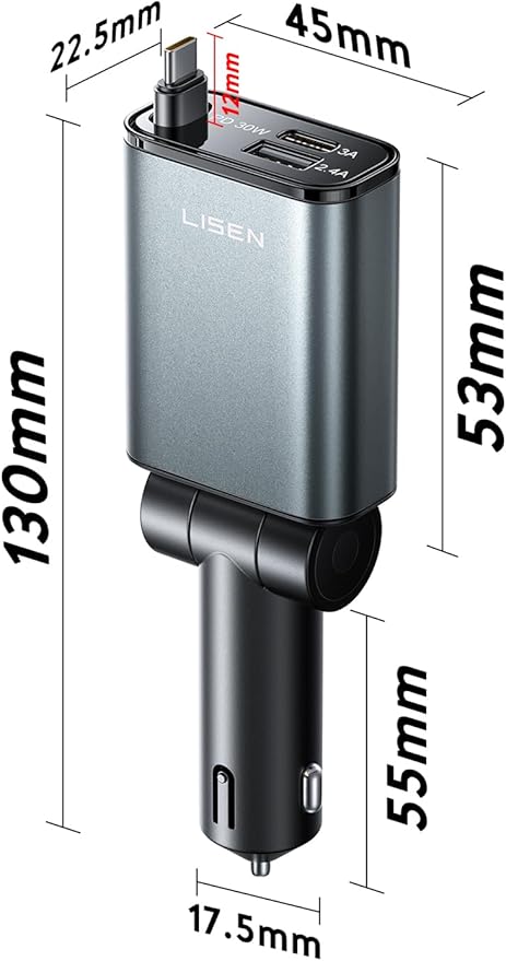 LISEN Car Charger USB C Fast Charge, [Single-Port] Retractable Car Charger USB C for Car Accessories for Women Men Phone Type C Charging for iPhone 17 Pro Max 16 15 Samsung S26 S25, MacBook Neo
