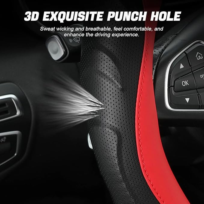 Leather Steering Wheel Cover, Auto Car Stretch Steering Wheel Protector, Universal 15 Inch Anti-Slip Breathable Odorless Steering Wheel Cover for Men Women (Black/Red)