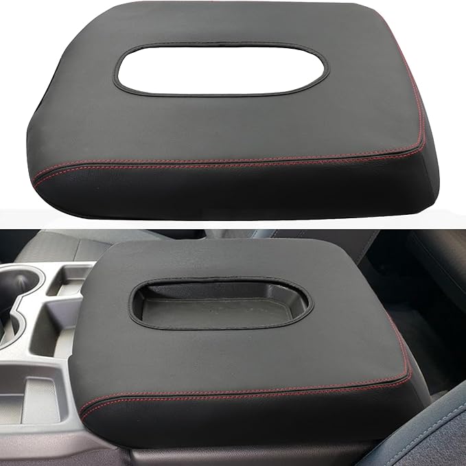Center Console Armrest Cover for Chevy Silverado/GMC Sierra Accessories 2019-2024 2025 Arm Rest Box Pad Middle Console Lid Cushion Leather Protective Case Only for Jump Seat (Red Stitches)