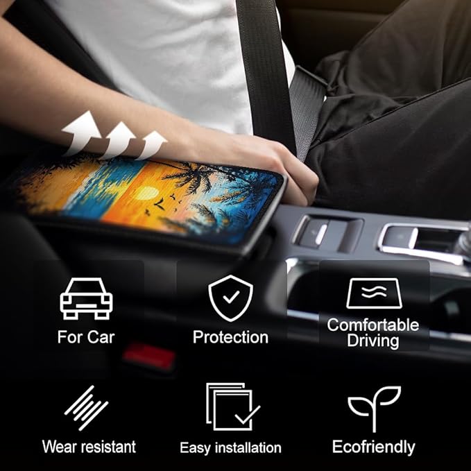 1pc Center Console Armrest Cover Pad 12.6x7.5 inch Palm Tree with Sunset Neoprene Car Armrest Cushion Waterproof Armrests Seat Box Cover Protector for Universal Cars Vehicles SUVs