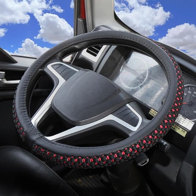 15" 16" 17" 18" 19" 20 Inch Ice Silk Ventilation Multi-Style Comfy Grip Steering Wheel Cover for Truck, Bus, Big Rig Trucker,SUV， Anti-Slip Design 16-20 Inch (BlackRed, 20 inch)