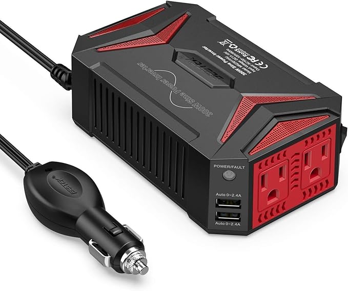 BESTEK Pure Sine Wave Power Inverter - 300W Car Plug in Charger Outlet DC 12V to 110V AC - Cigarette Lighter Adapter 4.8A Dual USB Fast Charging Ports for Phone, Laptop, CPAP - Black