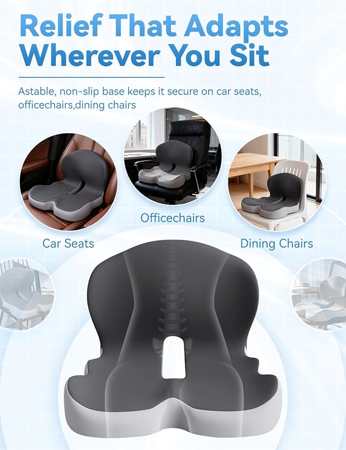 Orthopedic Cushion, Ergonomic Orthopedic Cushion for Tailbone Pain Relief, with Memory Foam, Car Seat Cushion with Waist Support, Non-Slip, Breathable, Washable Cover (Black-Gray)