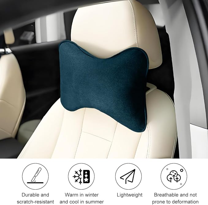 Car Headrest Pillow, Suede Soft Comfortable Breathable Vehicle Seat Neck Support Cushion with Adjustable Strap, Ergonomic Design Auto Head Rest Pad, Universal for Sedan RV Truck (Green Blue)