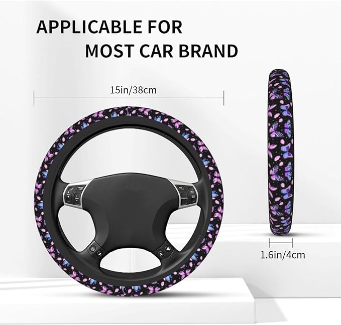 Purple Butterfly Steering Wheel Cover - Beauty Butterfly Wheel Cover Anti-Slip Breathable Universal for 15 Inch Car Steering Wheel Cover with 2 Pieces Car Coasters Suitable for Men Women