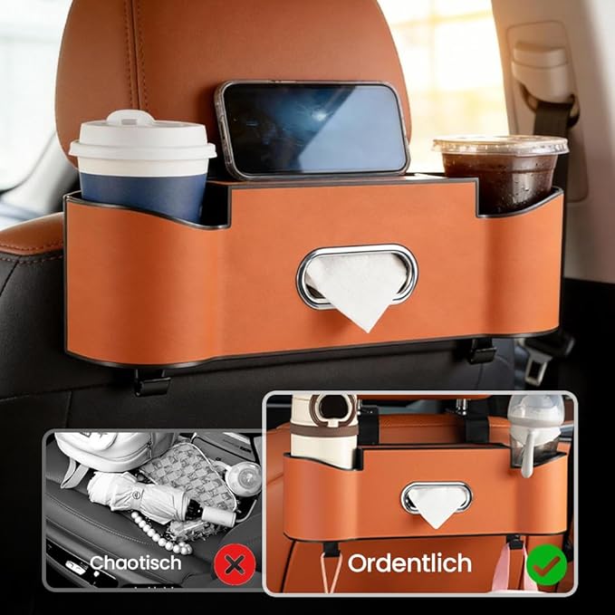 Back Seat Car Organizer with Cup Holder, 2026 New Backseat Car Organizer Back Seat, Multifunctional Car Seat Back Organizer Storage Box with Hooks & Tissue Box, for Drinks, Phone & Handbags (Black)