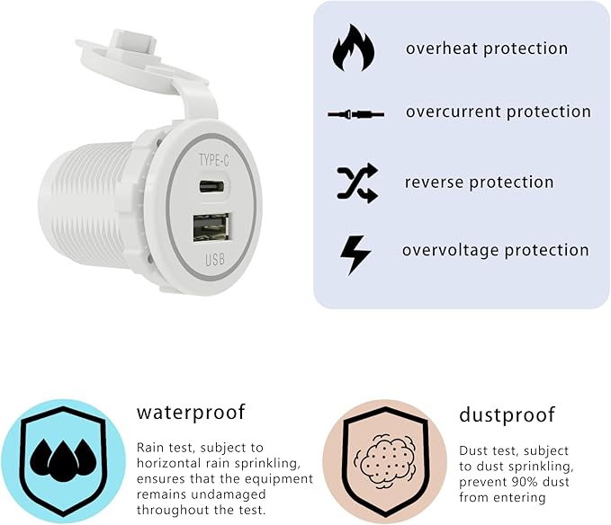 [White] USB Cigarette Lighter Socket Type C Charger DAMAVO YM1218 12V Outlet USB C Charging Port for Car Boat Marine Motorcycle ATV RV Campers Tractors Truck, USBA+C-2 PCS