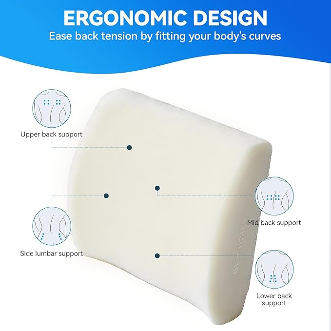 Lumbar Support Pillow for Office Chair, Gaming Chair, or Car, Memory Foam Cushion with Breathable Ventilated Mesh and Adjustable Straps for Long Lasting Back Support Ergonomic Suitable Gift