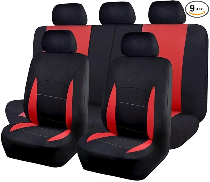 Flying Banner Car Seat Covers Full Set Front Seats and Rear Bench Polyester car seat Protectors Black Gray Purple airbag Compatible Rear Bench Split (Black Red)