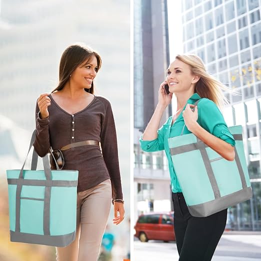 CIVJET 2Pk Insulated Reusable Tote Bag for Grocery Shopping for Women/Men, Pizza/Food Delivery Bag to Keep Food Cold/Hot for Professional Catering, Cooler bags for Travel/Beach/Picnic, Green