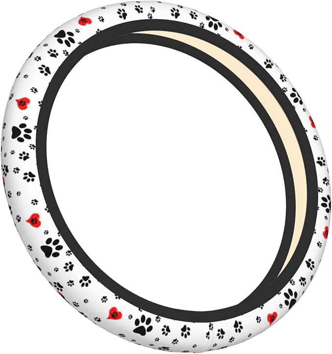 Dog Paws Print Steering Wheel Cover Women Men Elastic Stretch Soft Car Wheel Protector Universal Breathable No-Slip Car Accessories for Truck Van SUV Auto Fit 14-15 Inches