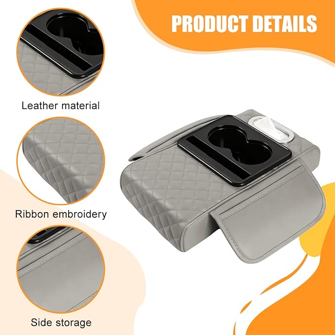 Car Armrest Cushion, 5-in-1 Nappa Leather Vehicle Centre Console Cover with 2 Storage Pockets, Cup Phone & Phone Holder, Multifunctional Auto Organiser Accessories, Universal Fit (Gray)
