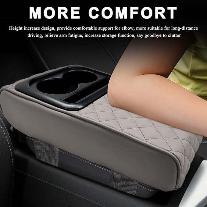 Car Center Console Armrest Pillow, 14"×8.3" Waterproof Leather Armrest Box Cover with Cup and Phone Holder, Soft Memory Foam Arm Rest Console Pad Protector for SUV Truck (Gray, Embroidery)