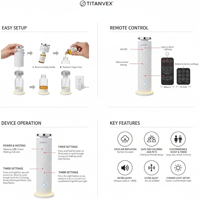 Cordless Scent Diffusers for Home - USB Rechargeable, Waterless Essential Oil Nebulizer for Home, Office, Car - Covers 1,100 Sq. Ft. - Ideal for Bedroom, Bathroom, Room and Car.
