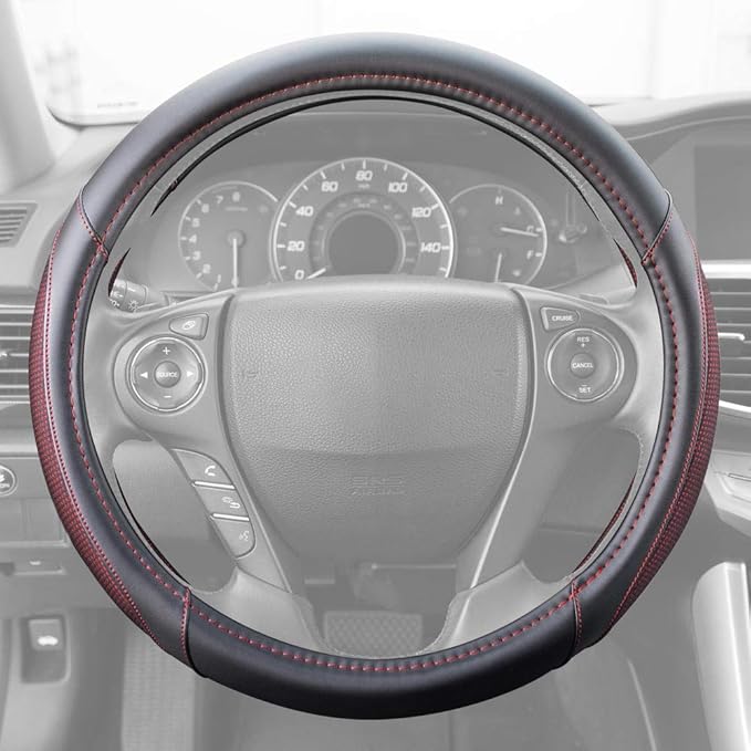 Motor Trend Wine Steering Wheel Cover - Dotted Comfort Polyester Grip on Stitched Synthetic Leather, Wine Stitching/Black