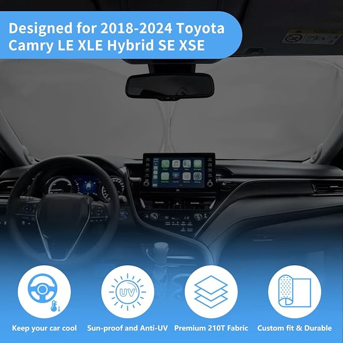 Windshield Sun Shade for Toyota Camry 2024 2023 2022 2021-2018 Accessories Front Window Sunshade Fit LE XLE Hybrid SE XSE Sedan Sun Visor UV Protector Heat Shield Cover