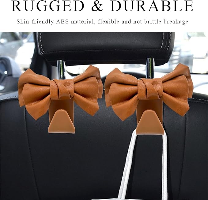 2PCS Purse Holder for Car Hooks, Cute Bow Car Seat Headrest Hooks Handbag Hanger, Bow Knot Auto Back Seat Organizer Storage Hook for Purse Bags Umbrellas, Car Accessories (Brown)