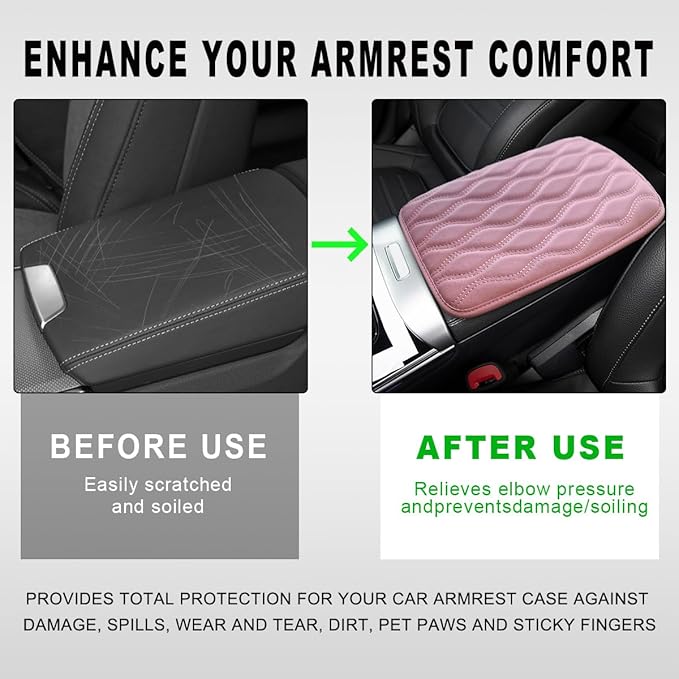 Car Center Console Cushion Pad, 12.48×7.40 Inches Waterproof Car Armrest Seat Box Cover, Comfortable PU Leather Vehicle Armrest Cover Protector, Car Decor Interior Accessories (Pink)