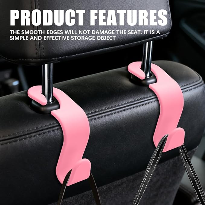 4PCS Car Seat Headrest Hooks, Purse Hook for Car, Auto Back Seat Organizer Storage Hanger Holder, Auto Accessories Multi-Use Portable Headrest Organizer Holder for Purse Handbag Coats (Pink)
