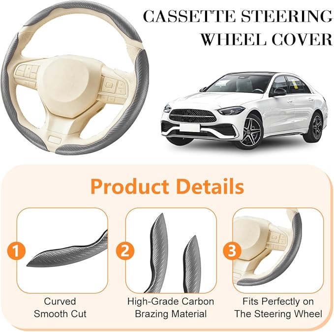 3PCS Carbon Fiber Car Steering Wheel Cover, Leather Segmented Anti-Skid Steering Wheel Protector, Snap on Automotive Interior Protection Accessories, Universal for Vehicles (Gray)