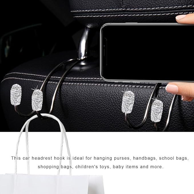 2PCS Car Headrest Hook, Bling Diamond Auto Hooks Stainless Steel Backseat Hangers, Universal Rhinestone Cute Seat Back Organizer Hanger for Purse Bag Clothes, Car Accessories (Red)