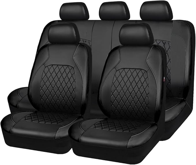 Universal Deluxe Pu Luxury Vinyl Faux Leather Car Seat Covers Full Set, Airbag Compatible, Breathable, Fit for Cars, Trucks, SUV (All Black)