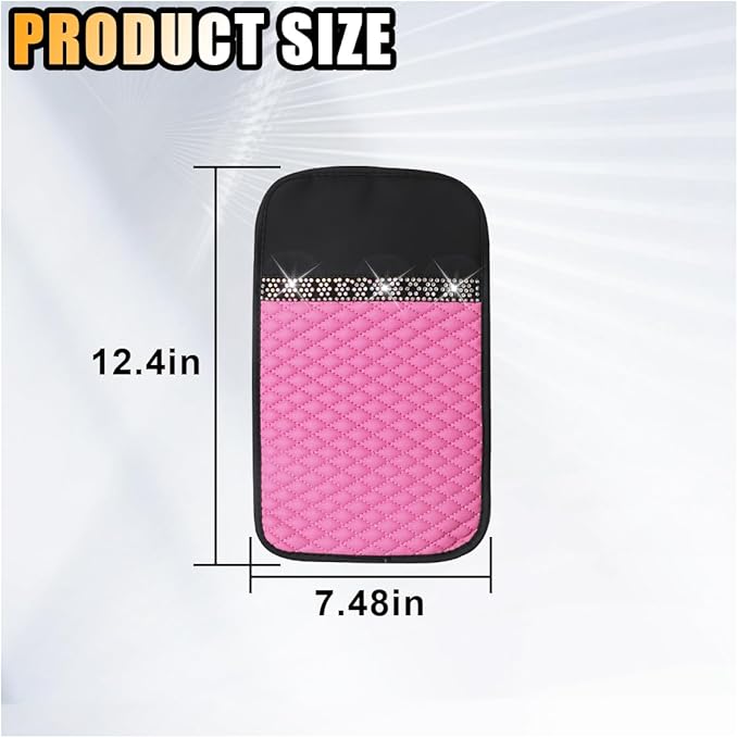 Bling Leather Car Armrest Seat Box Cover, Car Console Armrest Cover with Crystal Rhinestones, Anti-Scratch Waterproof Auto Center Console Protector Cushion Pad for Car SUV Truck (Pink)
