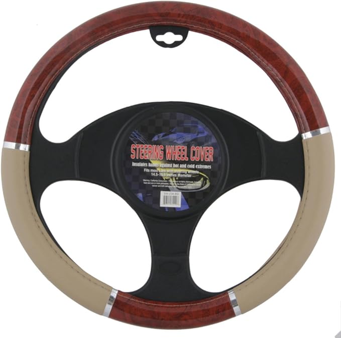 BDK Dark Wood Grain Car Steering Wheel Cover, Standard 15 inch with Beige Faux Leather Grip, Made to Fit Most Auto Truck Van SUV