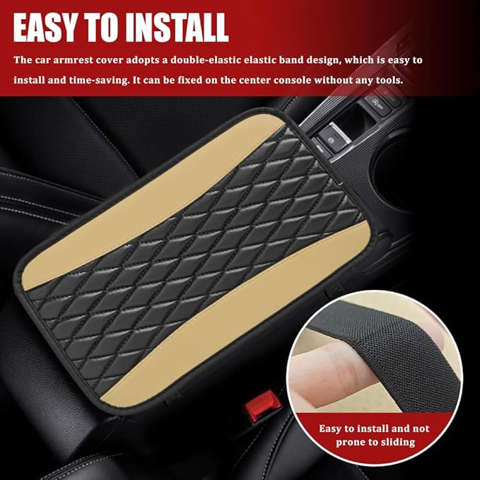 Car Center Console Cushion Pad, Armrest Cover for Car, Leather Waterproof Armrest Seat Box Cover, Auto Accessories Comfortable Arm Rest Box Cushion Pad for Most Vehicles (Beige)