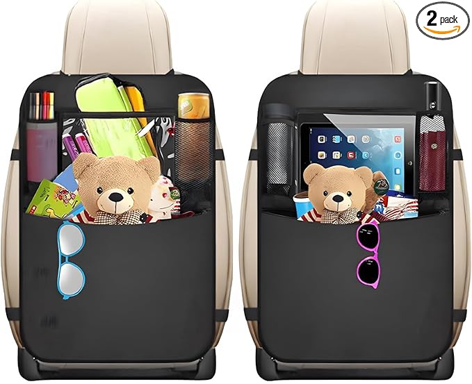 2PCS Car Backseat Organizer, Oxford Car Back Seat Protecter Kick Mat with Touch Screen Tablet Holder, Waterproof Automotive Seatback Storage Bag with Multi Functional Pockets (Zipper)