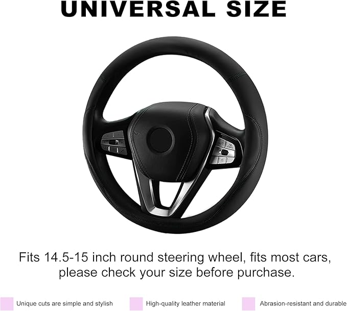 Leather Steering Wheel Cover, 15 Inch Soft Breathable Car Wheel Cover with Anti-Slip Lining, Universal Comfortable Steering Wheel Protector for Most Cars Trucks SUVs (Black)