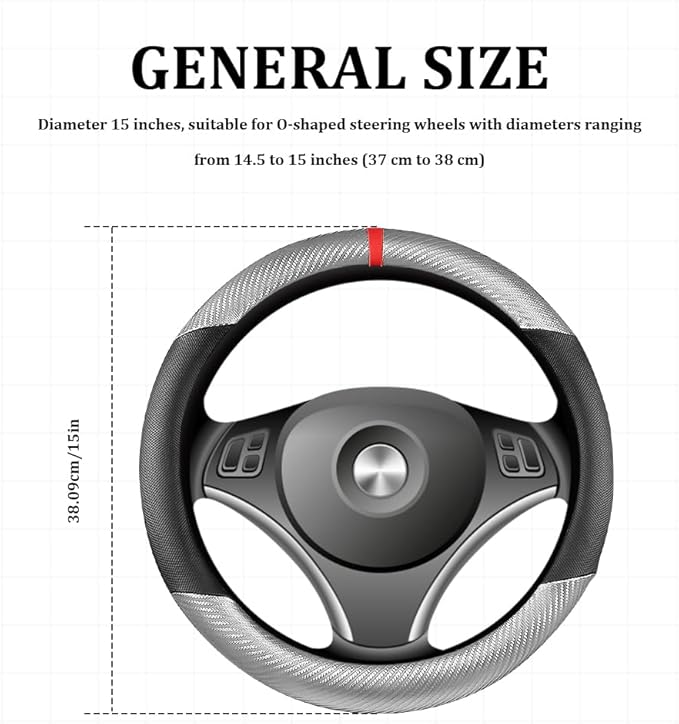 Car Steering Wheel Cover, Steering Wheel Accessories, 15 Inch Microfiber Leather Carbon Fiber Soft Anti-Slip Breathable, Car Accessories Elastic Non-Slip Cover for Most Vehicles (Gray Silver)
