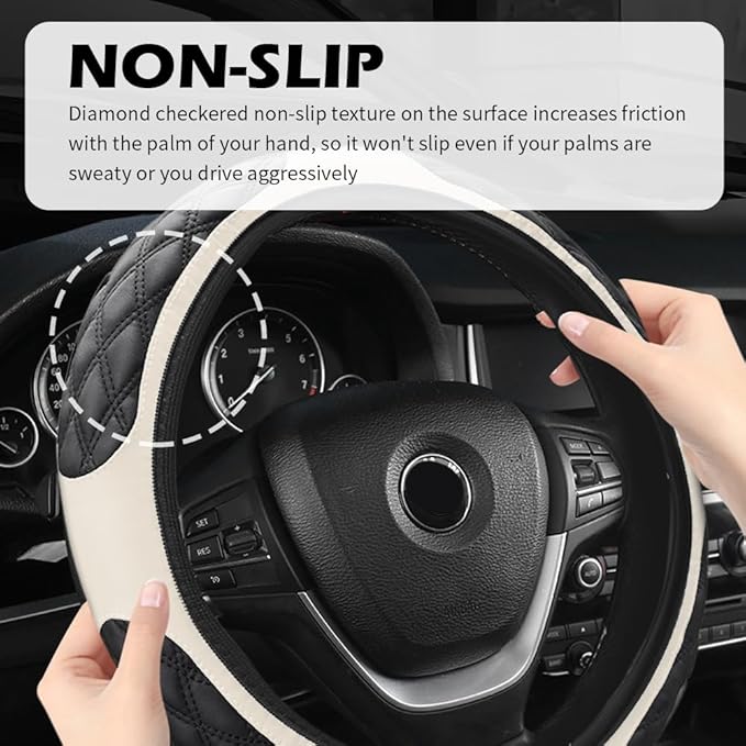 15 Inch Car Steering Wheel Covers with Double Colors,Non-Slip Leather Steering Wheel Cover for Protecting Steerings Wheels,Universal Cars Decorations Car Wheels Cover (White)