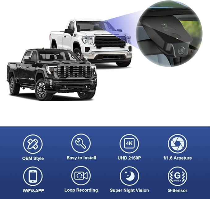 Fitcamx 4K Dash Cam Suitable for GMC Sierra 1500 2500HD 3500HD (HD2-6275, Small Cover) 2020-2026, OEM Factory Look, UHD 2160P Video, WiFi & APP, Loop Recording, G-Sensor, Plug & Play, 64GB Card