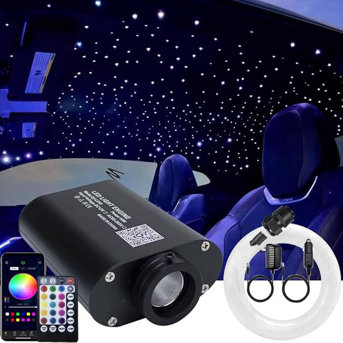AZIMOM Bluetooth 16W RGBW Fiber Optic Lights Star Ceiling Lighting Kits 450pcs 0.03in 9.8ft Music Sound Activated APP Remote Control Car Home Headliner Decor