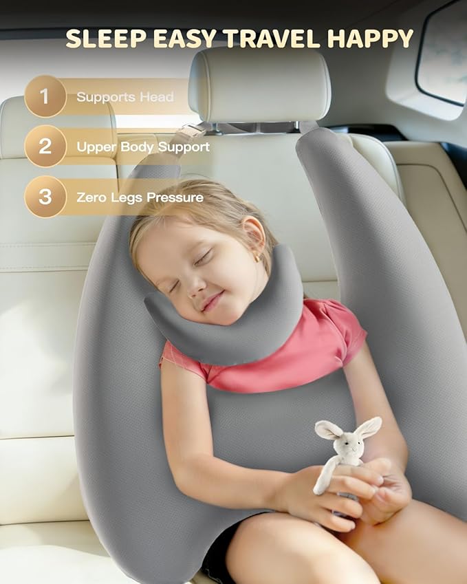 Memory Foam Kids Travel Pillow, Car Pillow for Kids, H-Shape Car Pillows for Sleeping, Removable Pillowcase, Adjustable, Porous Dots, Grey