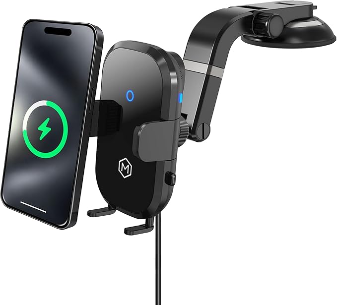 Auto Scan Fast Wireless Car Charger Phone Mount with Multi-Angle Adjustable Suction Cup – 15W Wireless Charging, Auto Scanning, Adjustable Grip for Phones 71mm-112.6mm