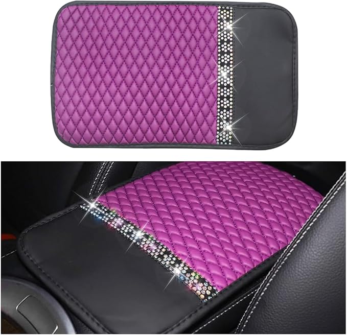 Bling Leather Car Armrest Seat Box Cover, Car Console Armrest Cover with Crystal Rhinestones, Anti-Scratch Waterproof Auto Center Console Protector Cushion Pad for Car SUV Truck (Purple)