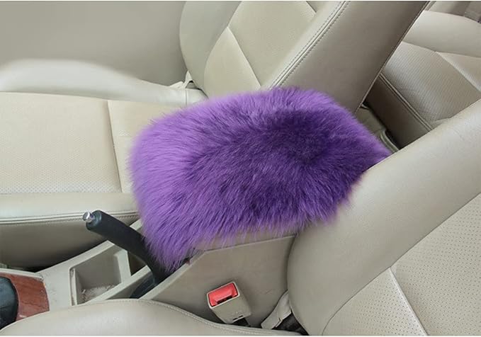 Center Console Cushion Pad/Cover, 11.4"x7.4" Furry Armrest Cover for Cars, Vehicles, SUVs, Premium Sheepskin Wool, Car Interior Accessories for Women(Purple)