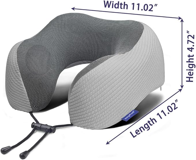 napfun Neck Pillow for Traveling, Upgraded Travel Neck Pillow for Airplane 100% Pure Memory Foam Travel Pillow for Flight Headrest Sleep, Portable Plane Accessories, Light Gray Striped Kit