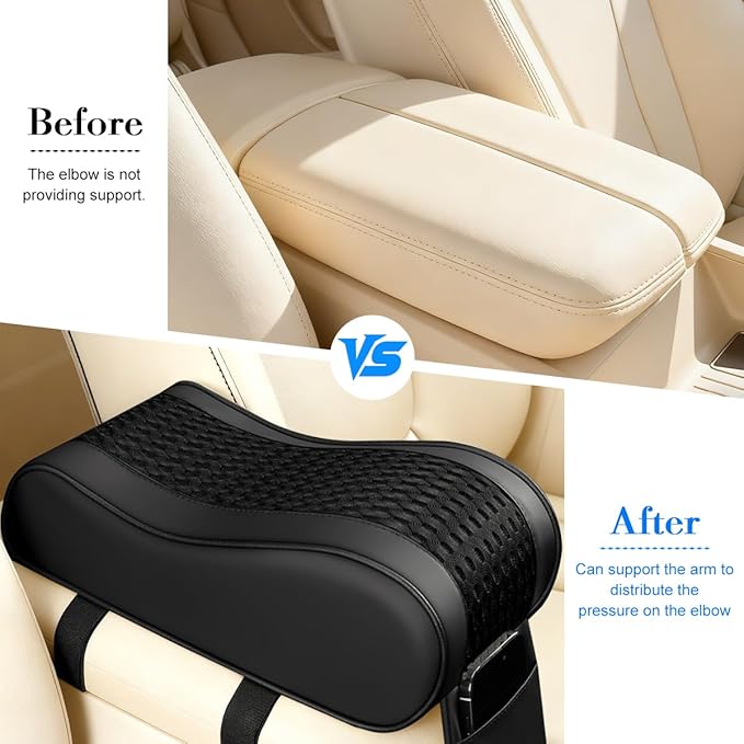Car Armrest Cushion, Soft Memory Foam Leather Vehicle Armrest Pillow with Storage Bag, Multifunctional Automotive Interior Center Console Arm Rest Pad, Universal for Most Vehicles (Black)