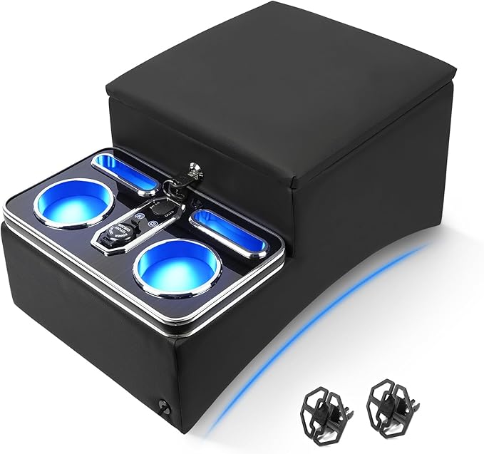 Upgraded Center Console with Lock, Truck Bench Front Seats Center Console Organizer and Storage, Cup & Phone Holder for Minivan, SUV, Middle Van, Fast Phone Charging & 7-Color Adjustable LED Lighting
