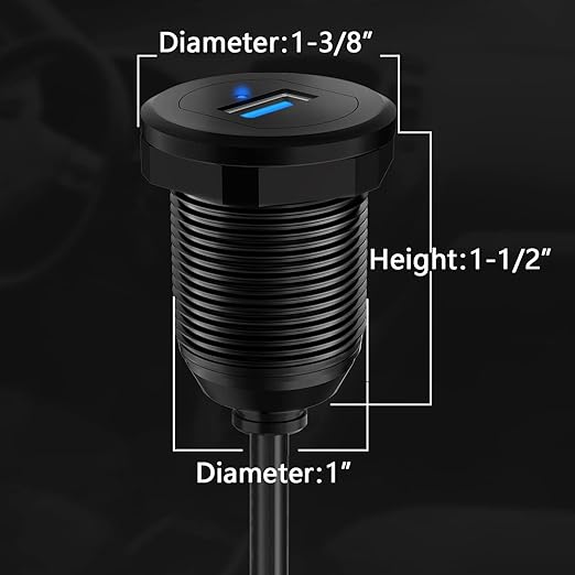 BATIGE Alloy Single Port USB 3.0 Dashboard Port Car Mount Flush Cable, Male to Female Waterproof Extension Cable for Car Truck Boat Motorcycle with LED Indicator - 3ft