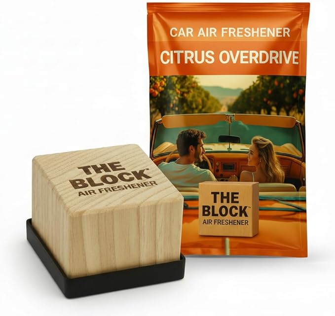 The Block - Wooden Car Air Freshener & Odor Eliminator - Long Lasting 30+ Day Scent - Car & Home Use - Fresh Gift Idea - Made in USA - Citrus Overdrive