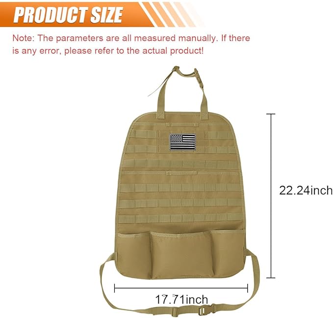 Tactical Molle Car Seat Back Organizer, Vehicle Panel Car Seat Back Cover Protector with 5 Storage Pouch, Universal Backseat Storage Organizer with USA Flag Patch for Car SUV Truck (Khaki-1 Pc)