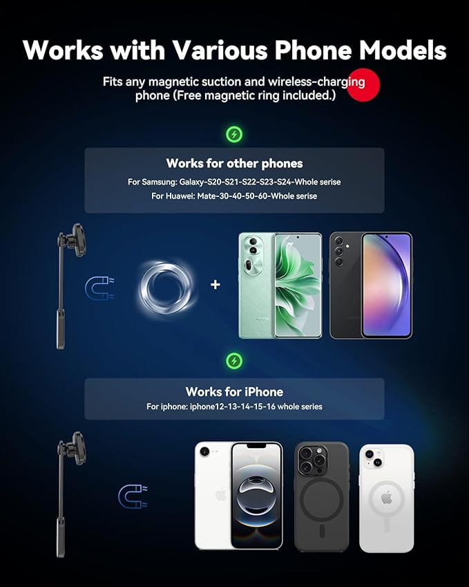 Spedal Qi2 15W Magnetic Car Charger Mount, for MagSafe-Compatible Car Phone Holder with Strong Magnet, 360° Adjustable Wireless Charging Mount for iPhone 16/15/14/13/12