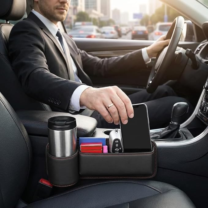 2-Pack Car Seat Gap Filler Organizer with Cup Holder - Premium Leather - Universal Fit - Keeps Cans/Phone/Keys/Wallets Organized