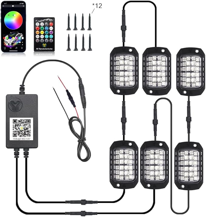 RGB LED Rock Lights Kit, 6 pods Underglow Multicolor Neon Pod with Bluetooth App Control Flashing Music Mode IP68 Exterior Wheel Well Light for Truck ATV UTV RZR SUV